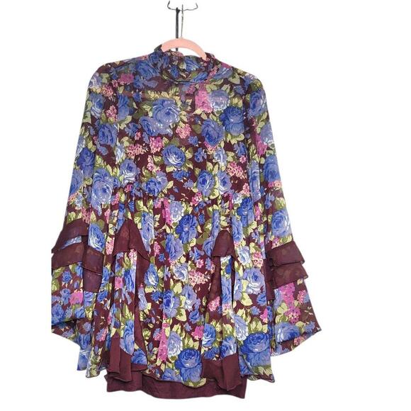 NWT Free People Dress Women's Size XS Burgundy Floral Print Long Sleeve - Picture 3 of 11
